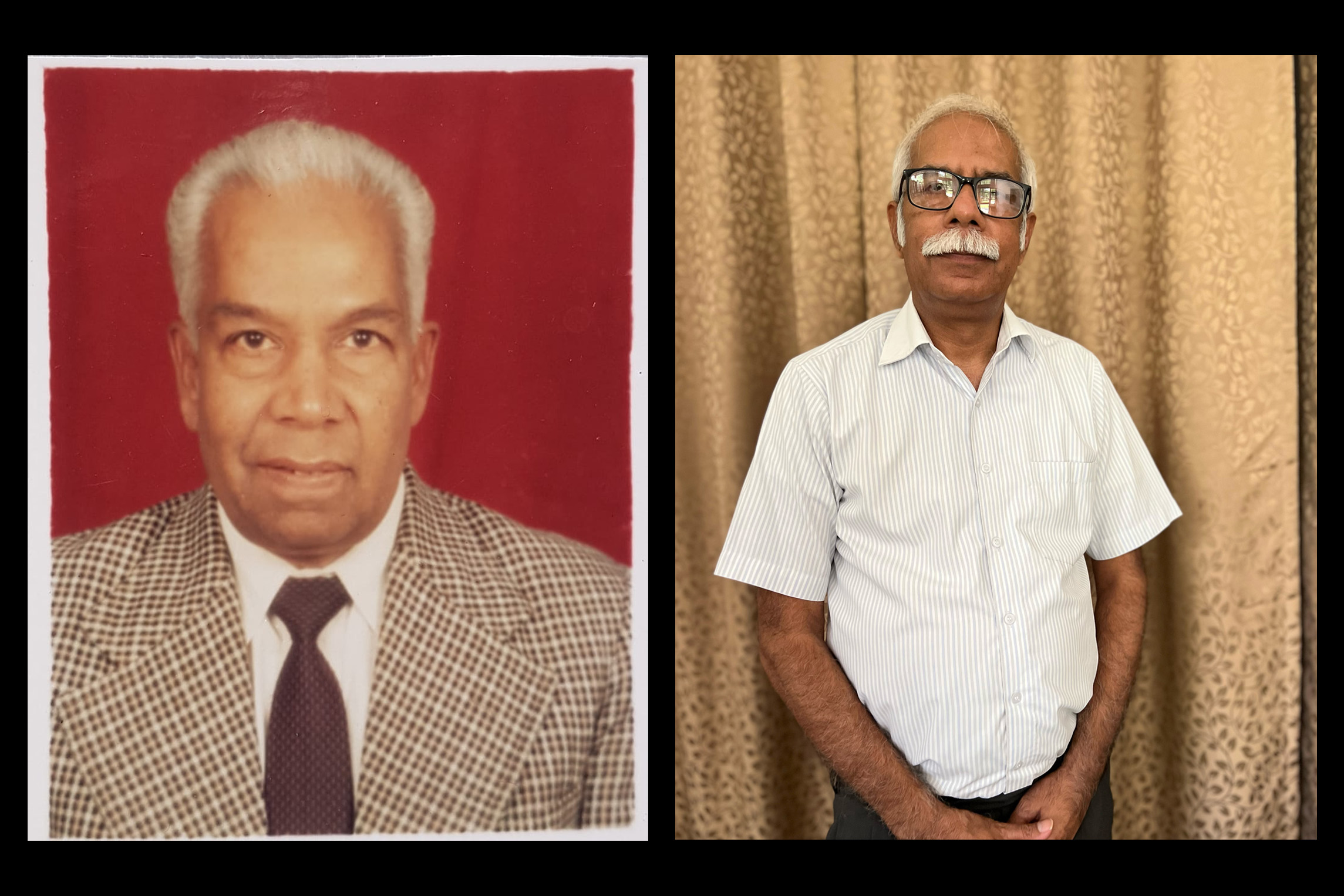 A side-by-side photo collage of physician Mahendra Dutta (left) and his son Yogesh Parashar, also a physician. The photograph of Dutta is in color and taken with a film camera; he is looking straight at the camera and is dressed in a formal suit and tie. By contrast, the image of his son is a crisp digital photograph, taken in 2022. Yogesh also looks directly at the camera and holds his hands in front of him.