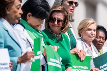 A photo shows Nancy Pelosi standing in line with other House representatives. All of the women are holding green signs that read, "Protect women's reproductive freedom."