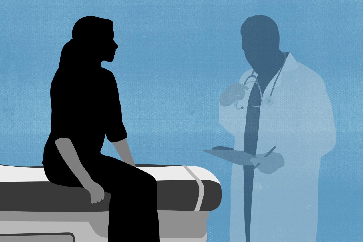An illustration shows a woman's silhoutte on an exam table. The silhoutte of her doctor is standing across from her, but is faded into the background.