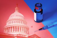 An illustration shows a vial and syringe on a red and blue diagonal background superimposed next to a photo of the U.S. Capitol.